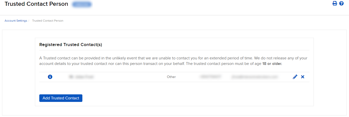 The trusted contact person panel in advisor portal. 